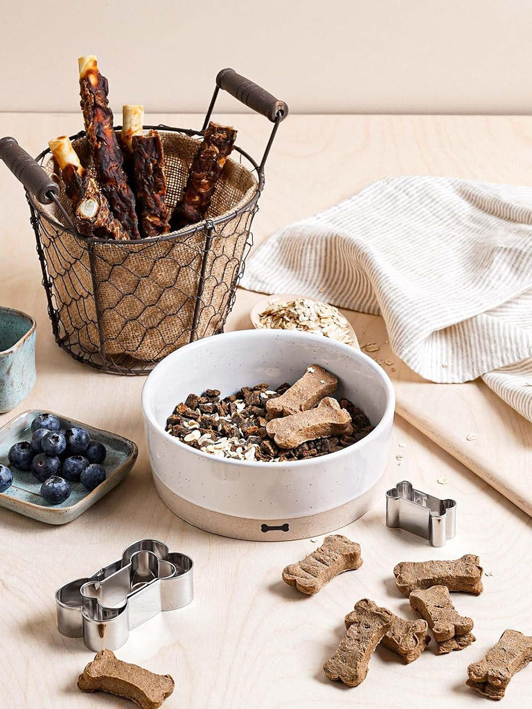 Ceramic Dog Bowl Set with Acacia Wood Tray, 3.2 Cup Food Bowl + 29 oz Water Bowl, Weighted Non-Slip Feeding Station