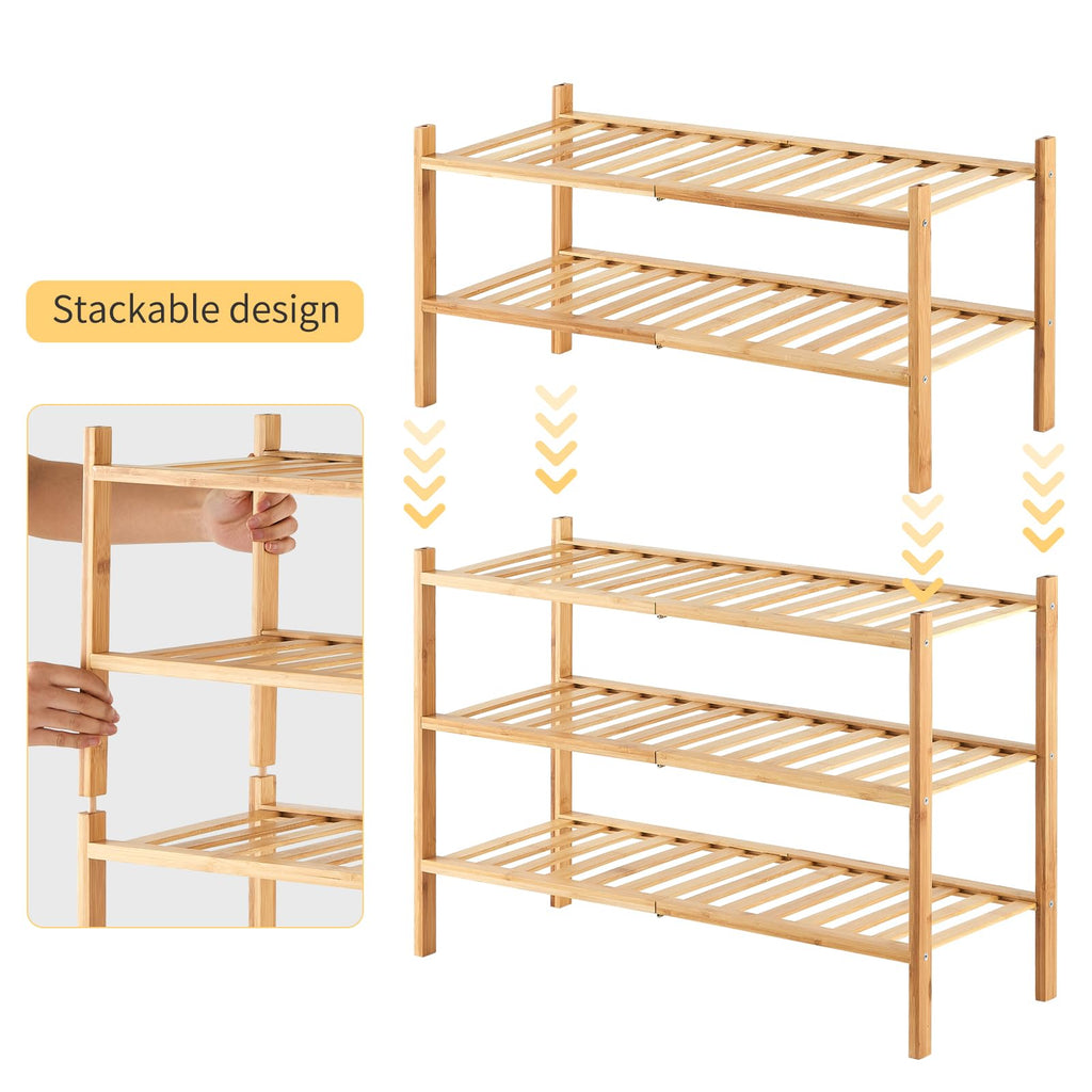 6-Tier Bamboo Shoe Rack, Stackable | Heavy Duty | Multi-Function, Free Standing Shoe Racks Hallway Closet