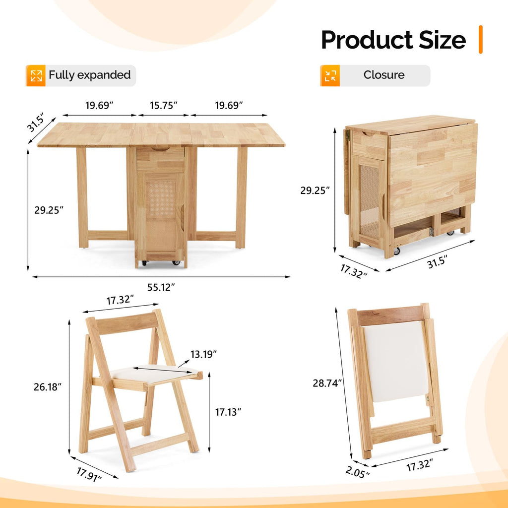 5-Piece Folding Dining Table Set, Extendable Drop Leaf Solid Wood Table with 4 Chairs, Drawers & Wheels, Space-Saving