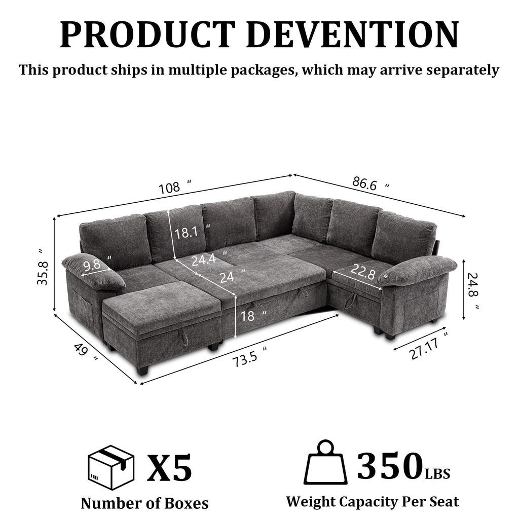 108''Modular Sectional Sleeper Sofa, L Shape Pull Out Sofa Bed with Storage