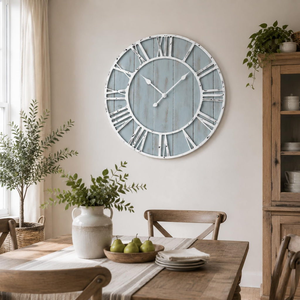 30 Inch Large Coastal Wall Clock, Blue Farmhouse Clock