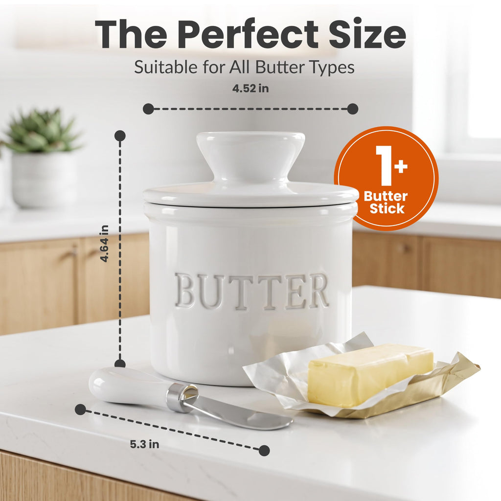 Butter Crock with Lid for Countertop with Spreader Knife and Water Line, Soft Spreadable Butter, Ceramic French