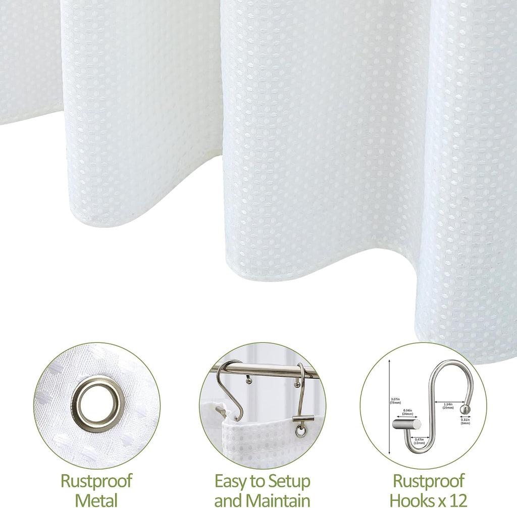 Shower Curtain Set, 180GSM Waffle Weave Fabric with PEVA Liner & 12 Metal Hooks, 3-in-1 Bathroom Curtain Set,White