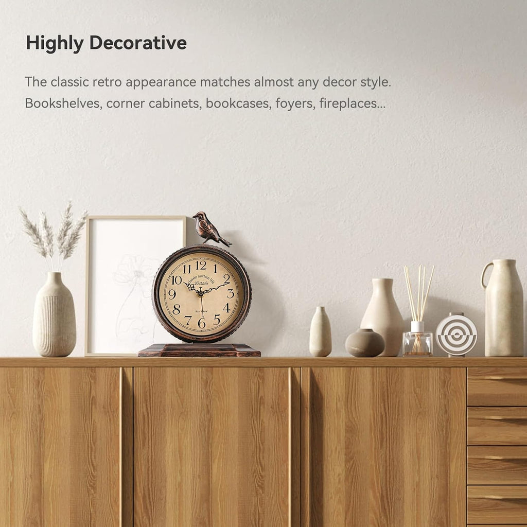 8-Inch Antique Mantel Clocks For Living Room, Retro Table Metal Silent Clocks For Fireplace