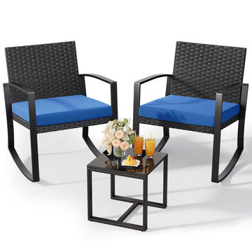 3 Piece Patio Bistro Set Patio Furniture Set Outdoor Wicker Rocking Furniture Conversation Set with Tempered Glass