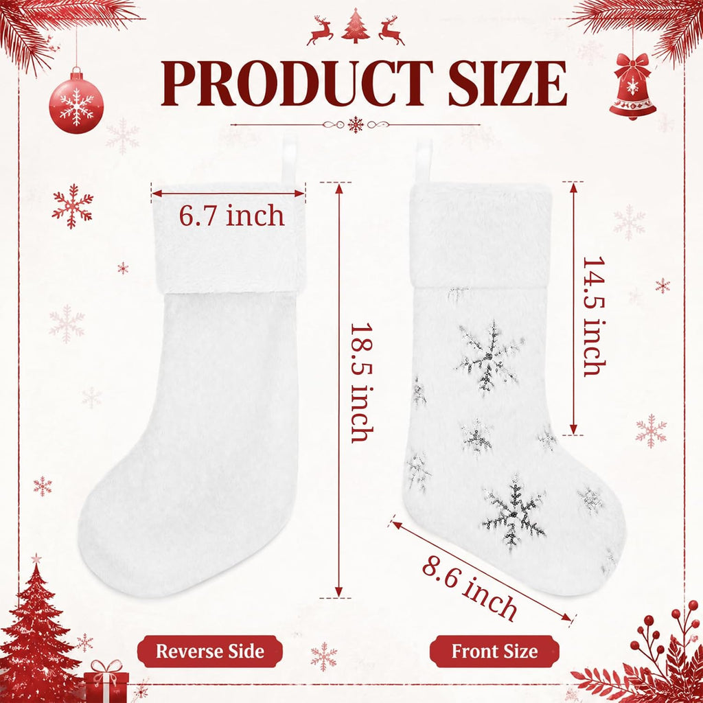 4 Pack Christmas Stockings, 18.5 Inch Large Faux Fur Xmas Stocking, Festive Gift Decor with Silver Sequin Snowflakes