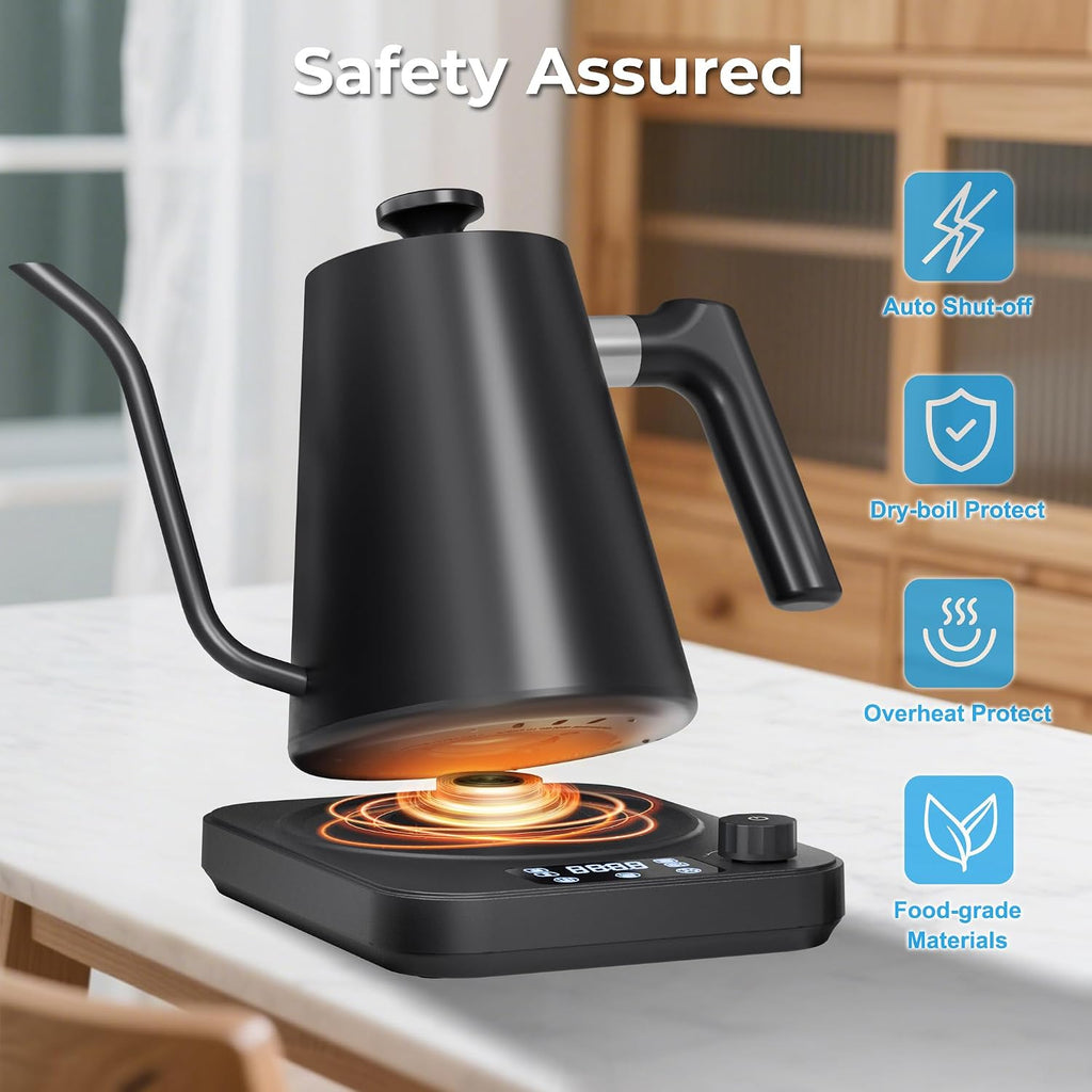 Gooseneck Electric Kettle, ±1°F Temperature Control Electric Kettle, 1.0L 1200W Fast Heating, 24H Keep Warm, 30Min