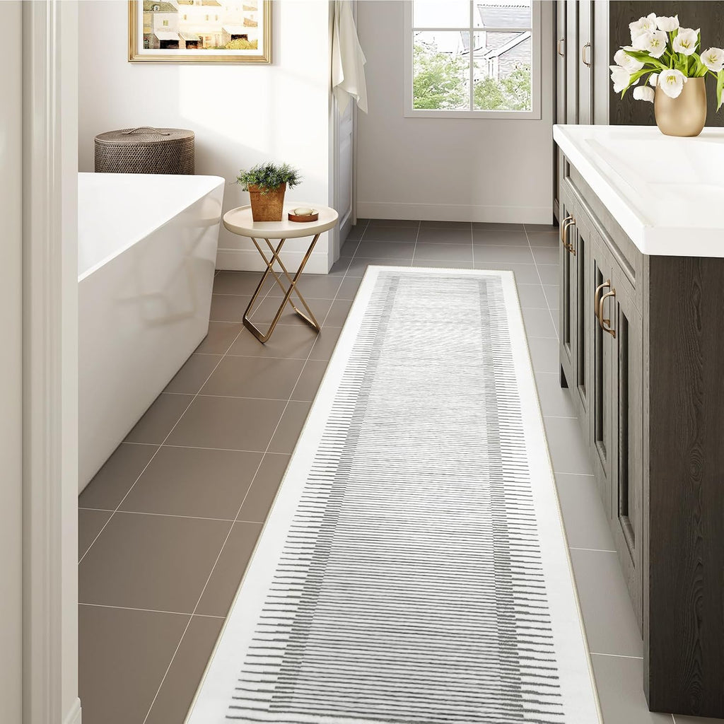 Washable Striped Rugs, Non-Slip Soft Grey Berber Stripe Bedroom Rug, Low Pile Minimalist Floor Carpet Living