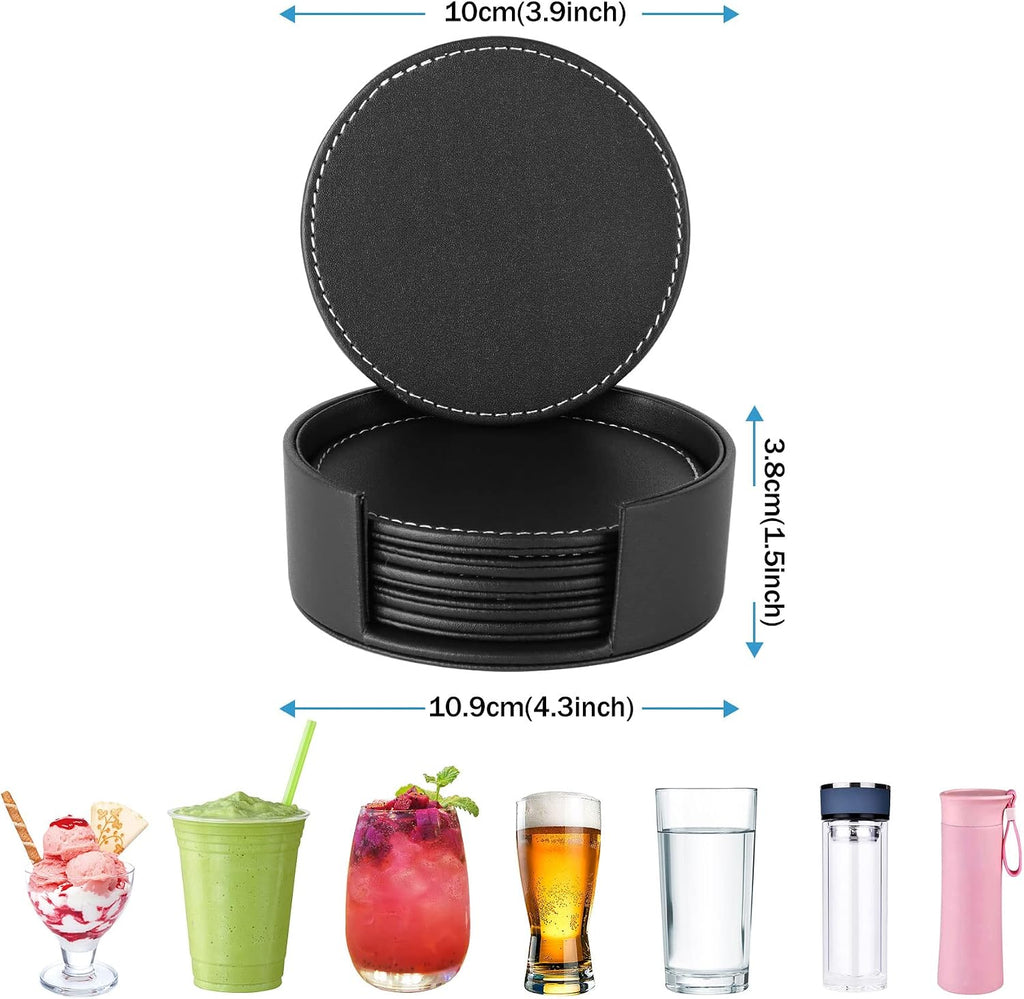 Durable Round Black Leather Coaster for Drinks with Holder (6 Pack) - Set of 6