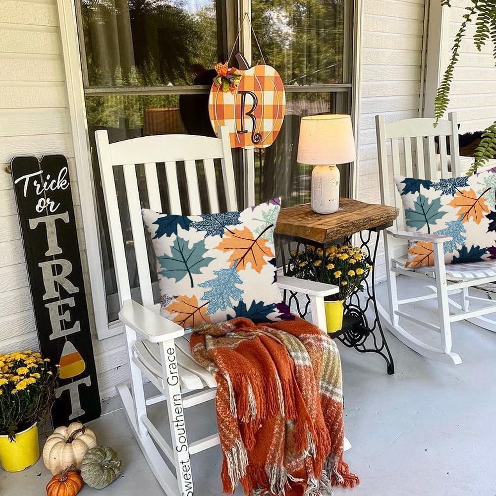 Fall Pillow Covers 20x20 Set of 2, Blue Maple Leaves Outdoor Thanksgiving