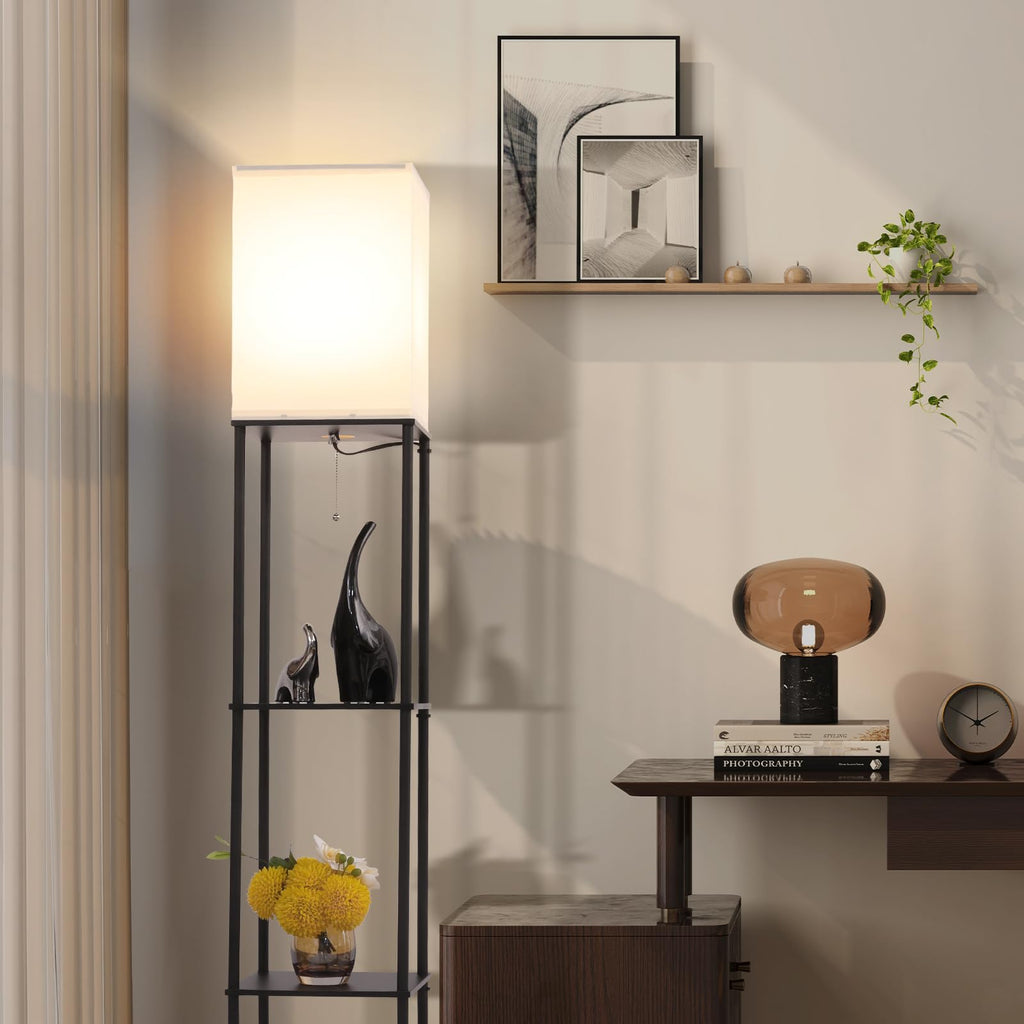 Floor Lamp with Shelves, Modern Square Standing Lamp with 3 Color Temperature Bulb, Corner Display Bookshelf Lamp