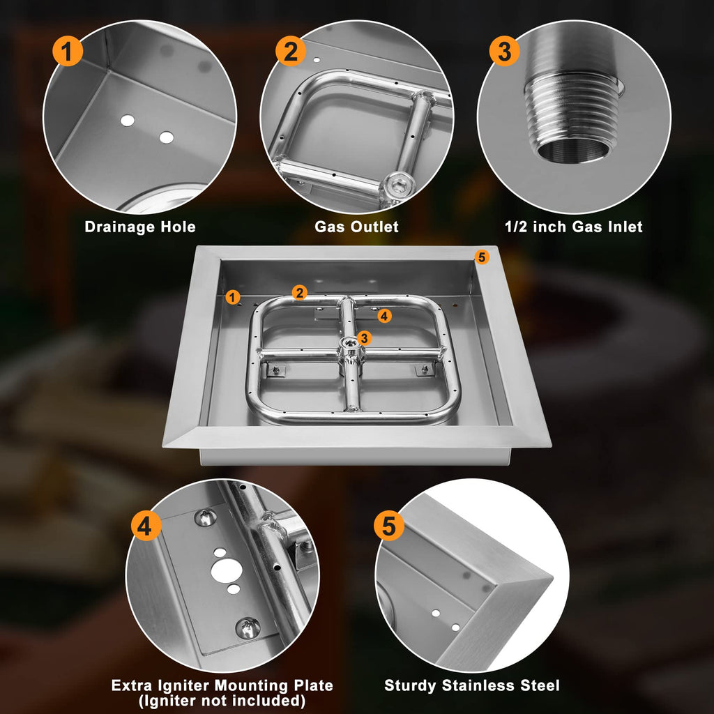 12" Square Fire Pit Burner Pan with Square Burner Ring, 88, 000 BTU