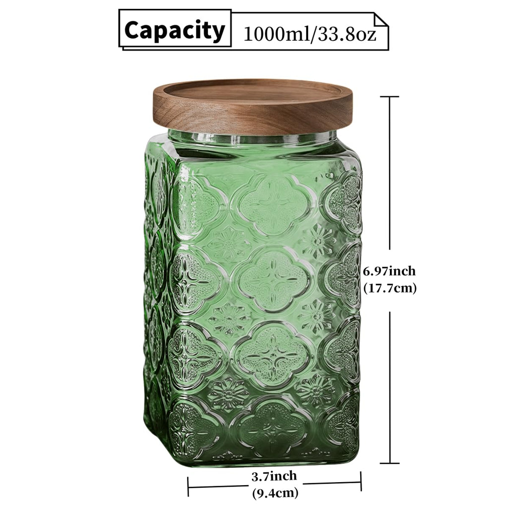 34 oz Square Green Begonia Glass Jar, Vintage Food Canister with Wooden Lid