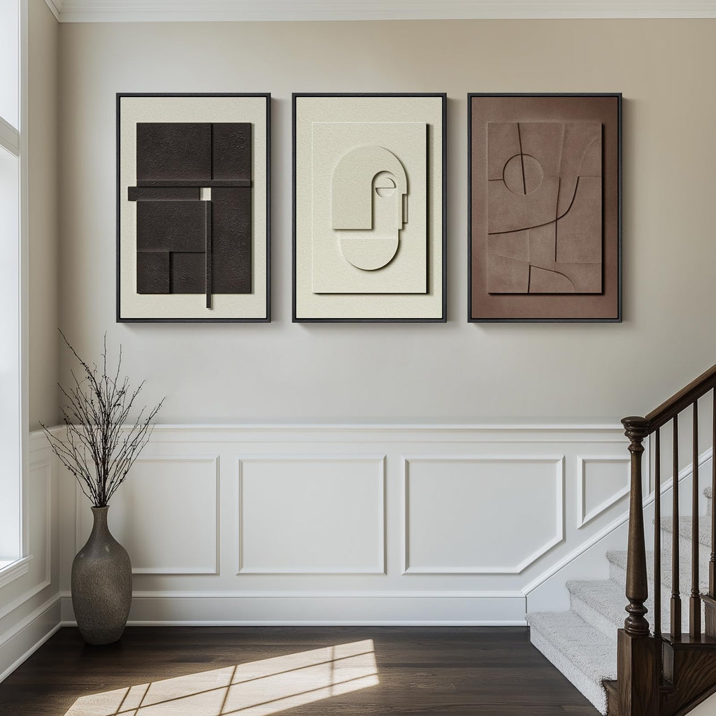 3D Large Framed Brown Abstract Wall Art, 3Piece 24x36 In