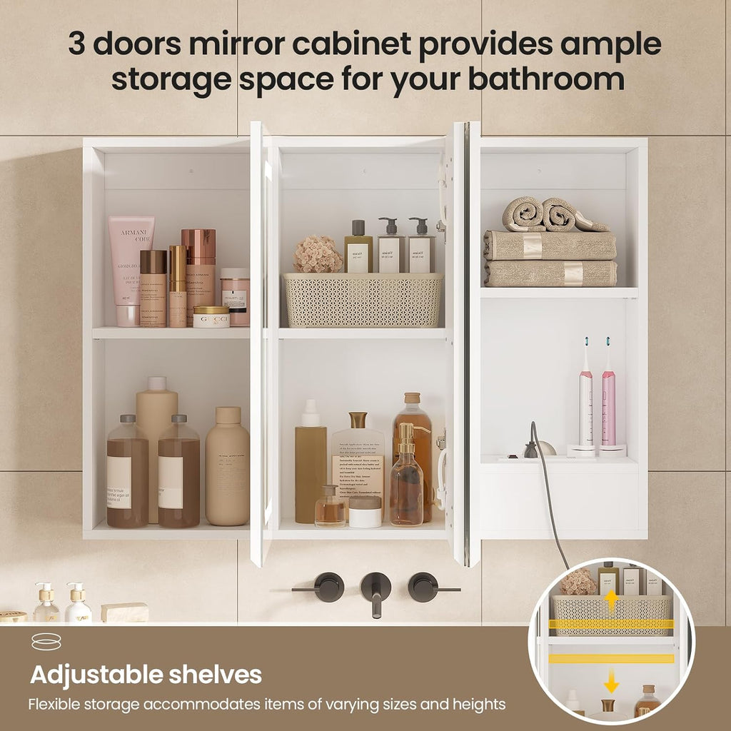 Medicine Cabinet Organizer with Mirror, Lighted Bathroom Medicine Cabinet with Storage, 3 Doors Bathroom Wall Cabinet
