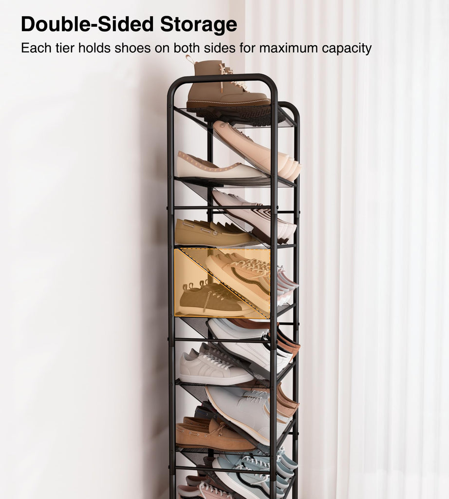 Double-Sided Narrow Shoe Rack with Lockable Wheels, 8-Tier 30 Pairs