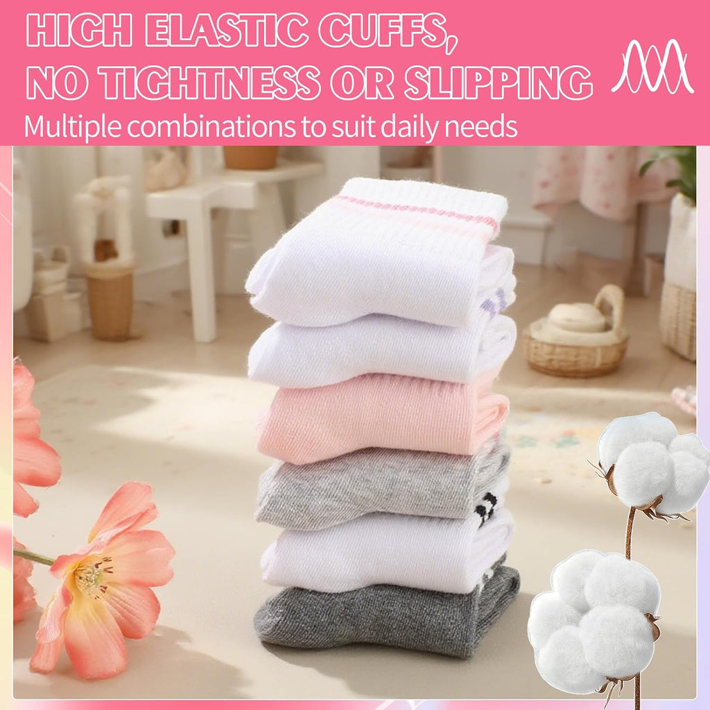 6 Pairs Kids Girls Pink White Crew Athletic Socks Years