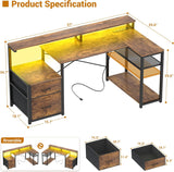 L Shaped Desk with File Drawer, Reversible L Shaped Computer Desk Gaming Desk with Power Outlet & LED Strip