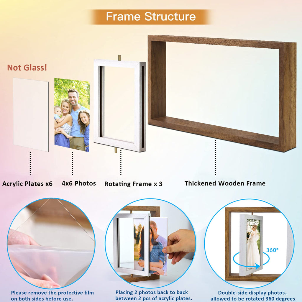 4x6 Rotating Picture Frame Desktop Rustic 4x6in Wooden Photo Frames, Double Side-Display 6 Photos, Floating 4x6