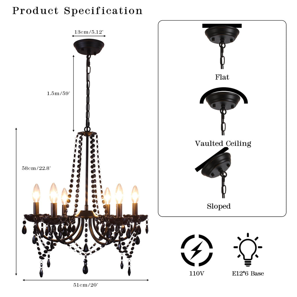 Crystal Black Chandeliers 6 Light Gothic Candle Chandelier