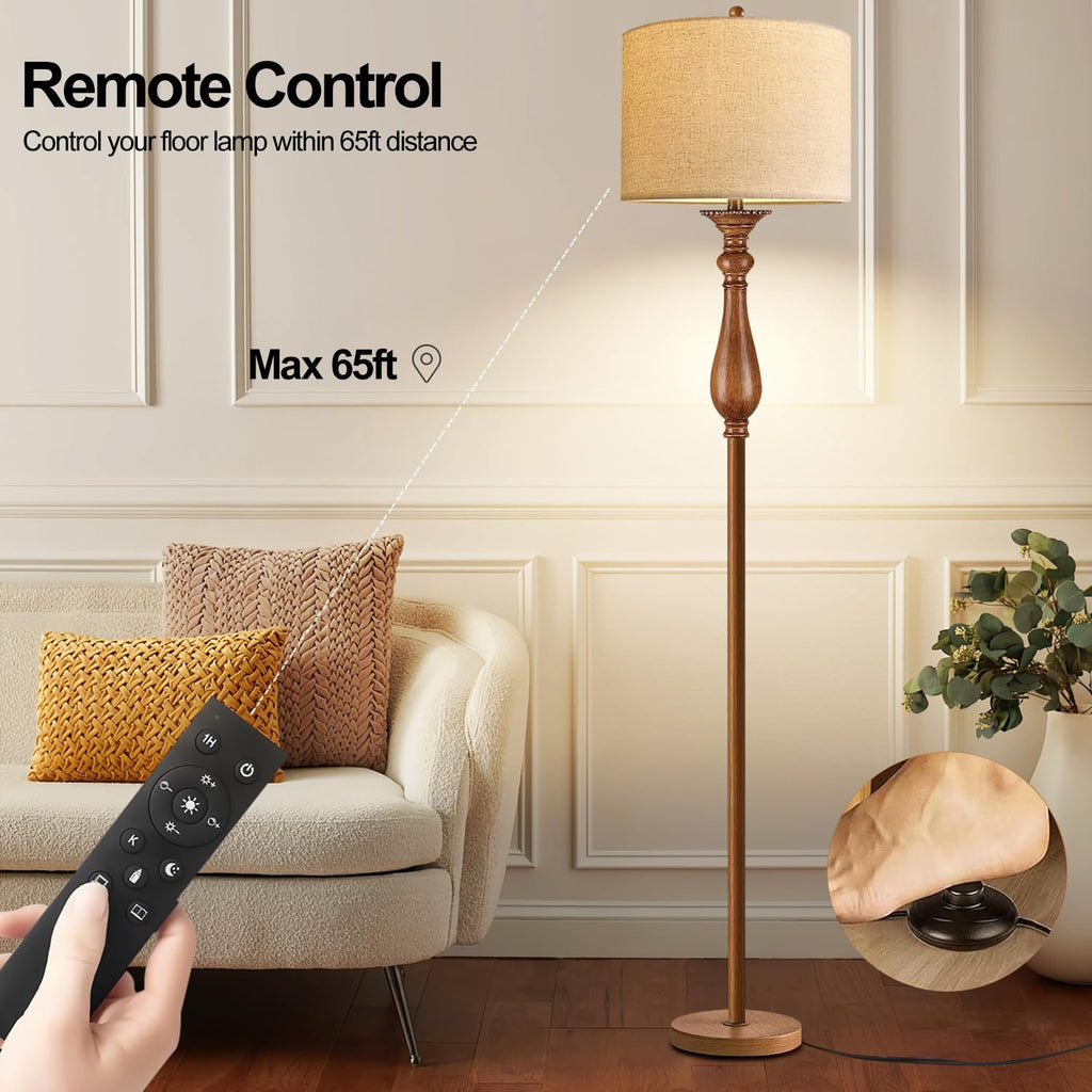 Wood Floor Lamps Farmhouse Boho Floor Lamp with Remote Control & 3 Color Temperature,Dimmable Vintage Floor Lamp Mid