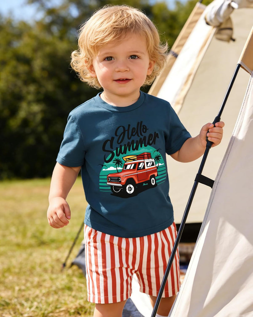 Toddler Baby Boy Summer Outfits Crew Neck T-shirt+Striped Shorts Set with Pockets Casual 2 Piece Clothes