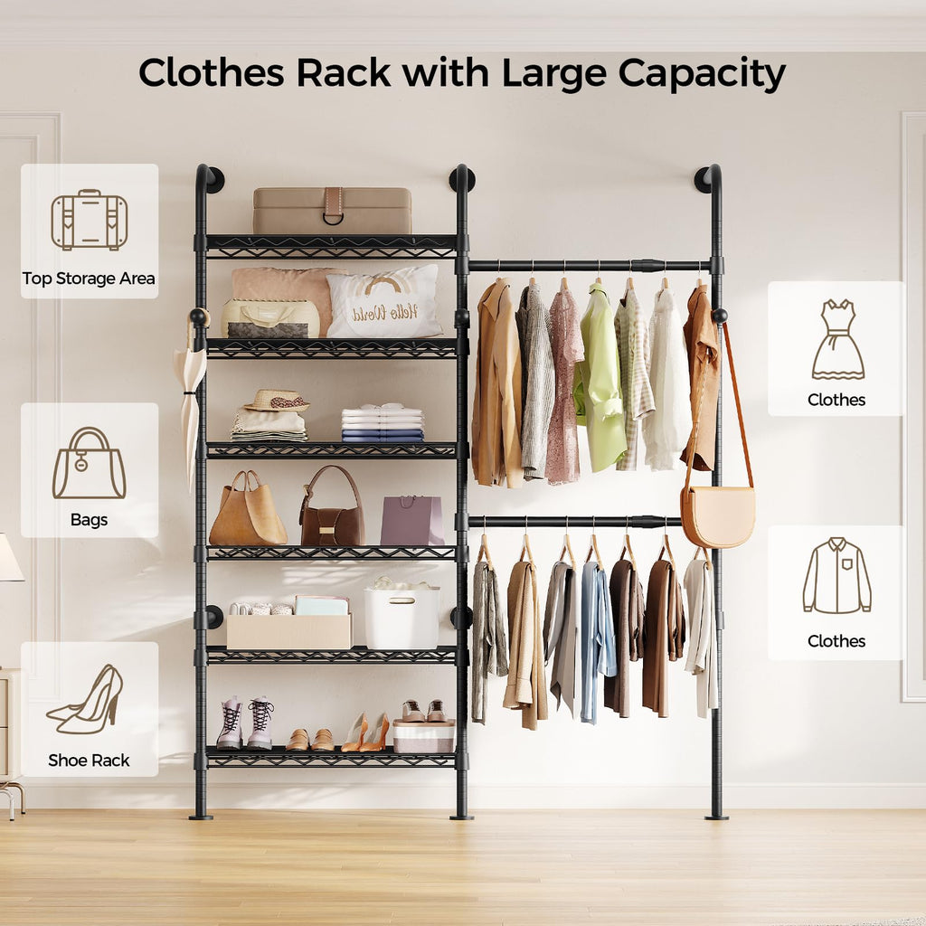 Closet Organizers and Storage, 2-Row Heavy Duty Garment Rack Clothes Rack for Hanging Clothes, Wall Mounted Closet