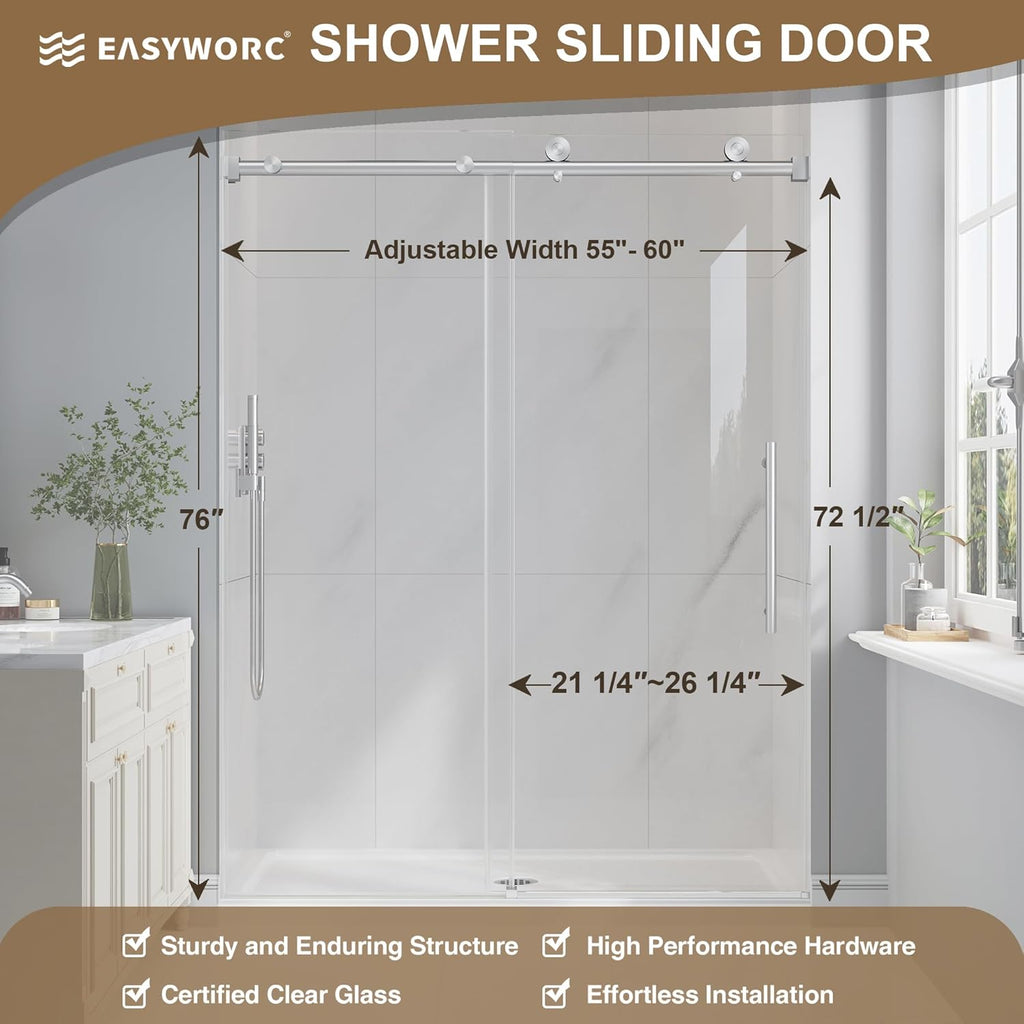 Frameless Glass Shower Door, 55-60" W x 76" H Sliding Frameless Shower Door, 1/4''(6mm) SGCC Tempered Glass