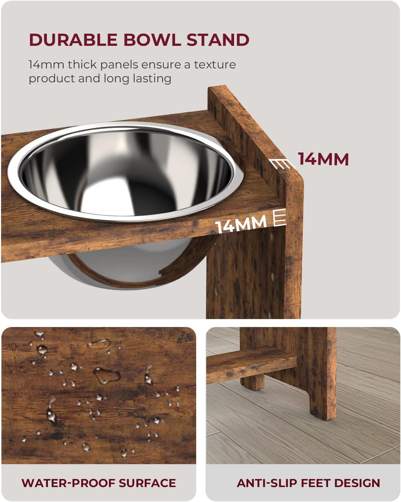 Elevated Dog Bowls, Adjustable Bowl Stand Medium, Rustic Brown