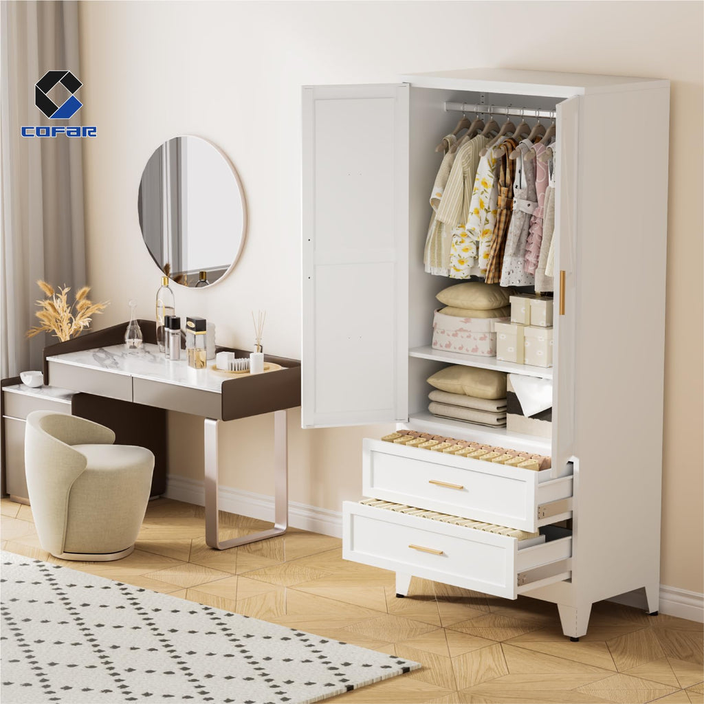 Armoire Wardrobe Closet with Drawers & Hanging Rod, 71'' Metal Wardrobe Closet with Doors & Adjustable Shelf