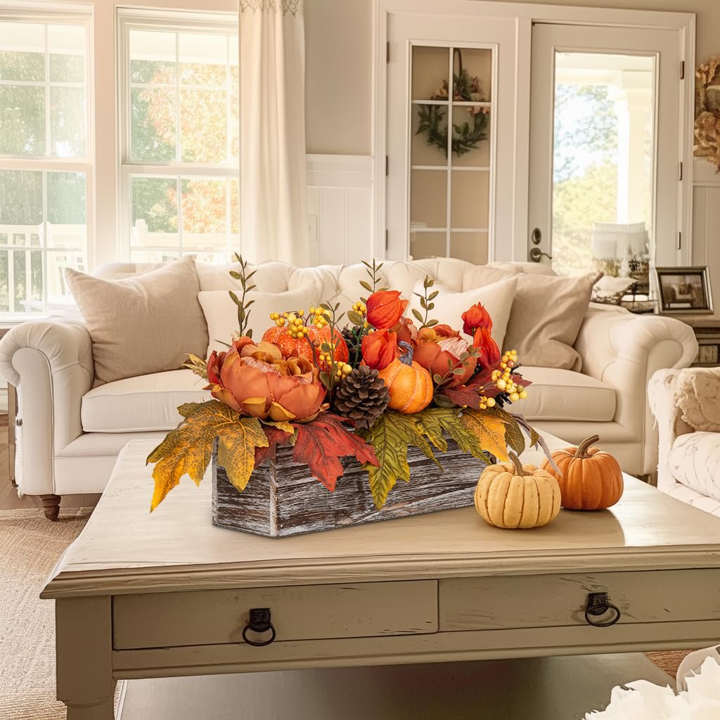 Fall Decor Autumn Harvest Pumpkins Centerpiece - Artificial Peony Maple Leaf and Pinecones Arrangement in Rectangle