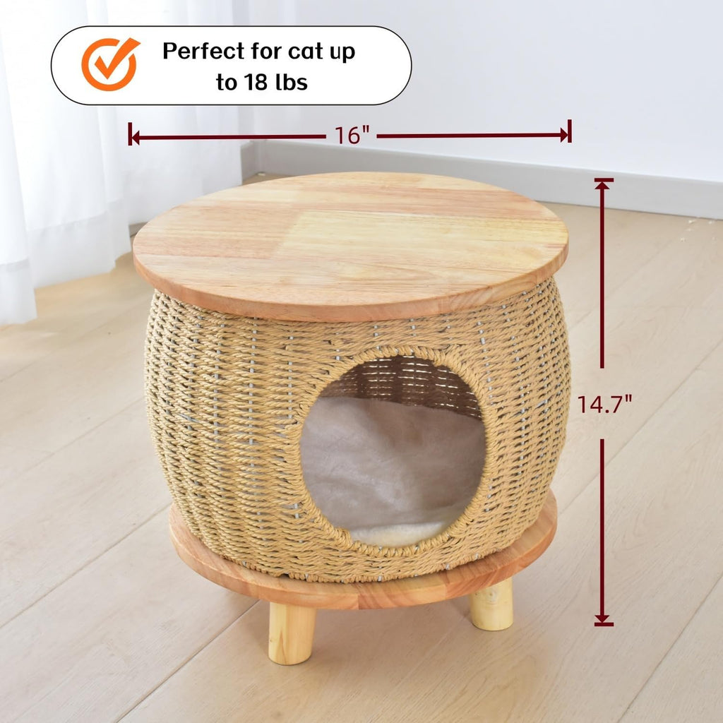 16" Wide Elevated Enclosed Handwoven Basket Cat Bed with Natural Solid Wood Base, Rattan Wicker Cat Cave Hideaway