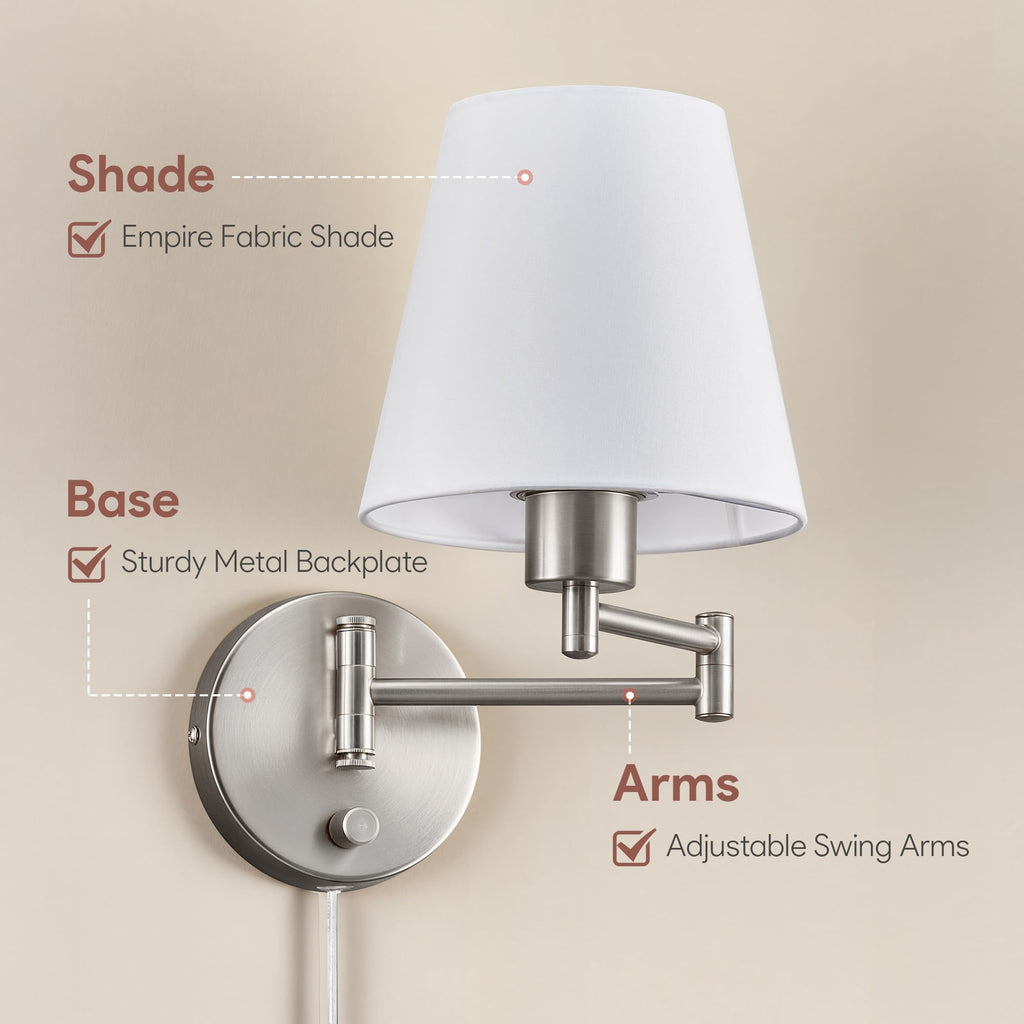 Wall Lamp, Plug in & Swing Arm Wall Sconce, Nickel Finish