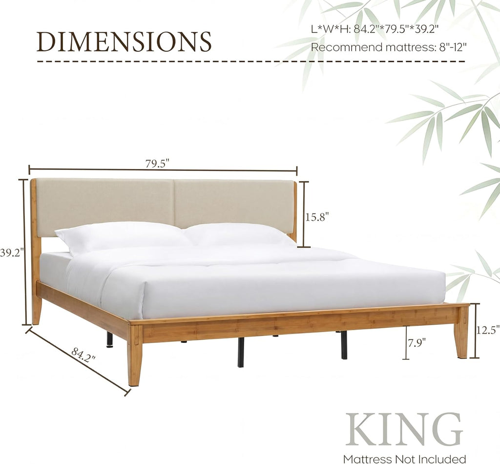 King Size Bamboo Joinery Bed, Japanese Bed Frame with Headboard