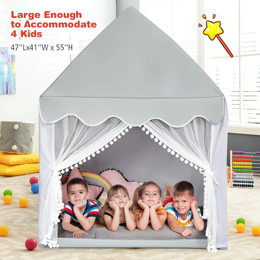 Kids Play Tent, Large Playhouse w/Washable Mat, Windows, Solid Wood Frame, Indoor Outdoor Princess Tent for Children