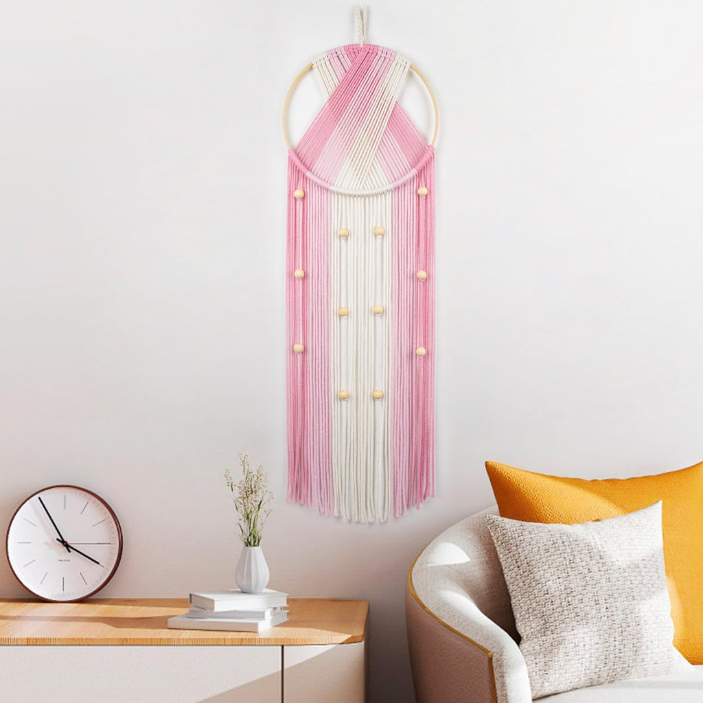 LB Boho Pink Macrame Wall Hanging Woven Cotton Tapestry Pink and White Wall Art with Wood beads Modern Aesthetic