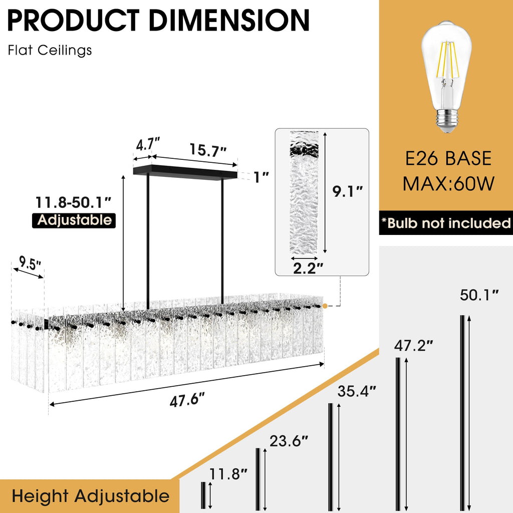 Modern Black Rectangle Chandelier, Black 48" Dining Room Chandelier with Water Ripple Glass, Linear Crystal