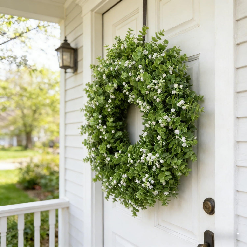Artificial Boxwood Wreath for Front Door, Farmhouse Year Round Greenery Wreath, Indoor Outdoor with Hanging Tag