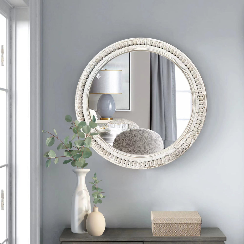 Rustic Round Wall 24 Inch Wood Circle Mirror with Beads, Decorative Farmhouse Mirror (White)