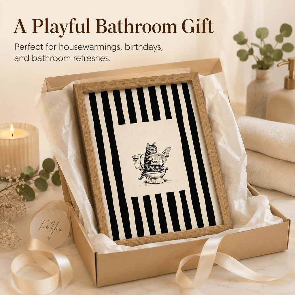 Framed Funny Bathroom Wall Art - Tabby Cat Reading Newspaper on Toilet Canvas Print, Vintage Striped Minimalist