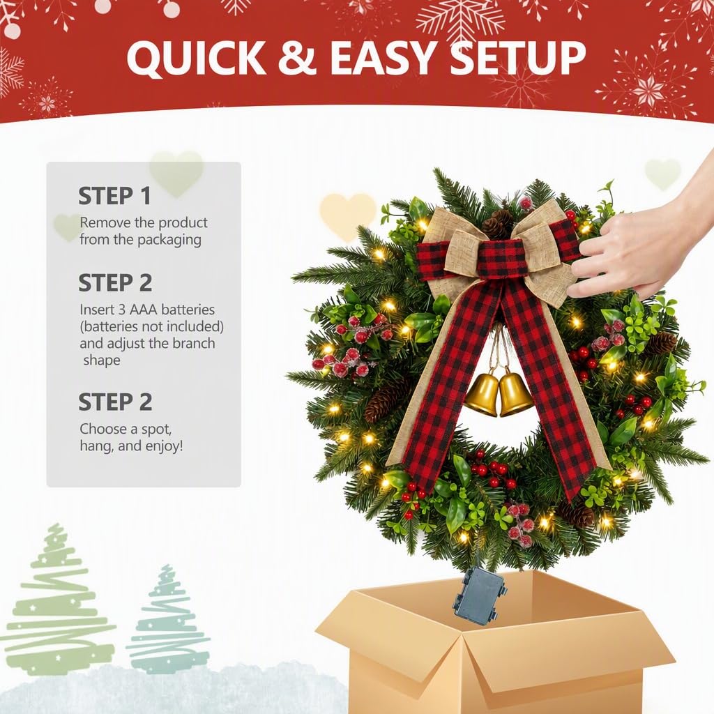 22" Pre-Lit Christmas Wreath with Lights for Front Door, Holiday Decoration