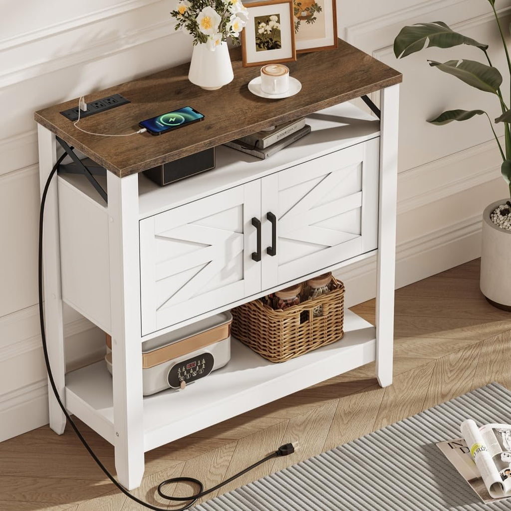 Farmhouse Console Table with Power Outlet, Coffee Bar Cabinet with Storage, Entryway Table, Coffee Bar Table, for