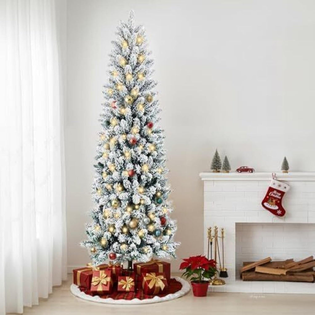 Snow Flocked Pencil Christmas Tree, Prelighted Artificial Slim Christmas Trees with 500 Incandescent Lights, 1100