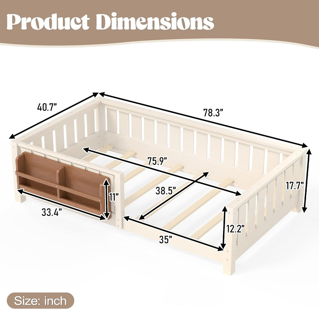 Kids Montessori Bed with Bookshelf, Solid Wood with Fence and Slats for Girls Boys, Low-Profile, Beige