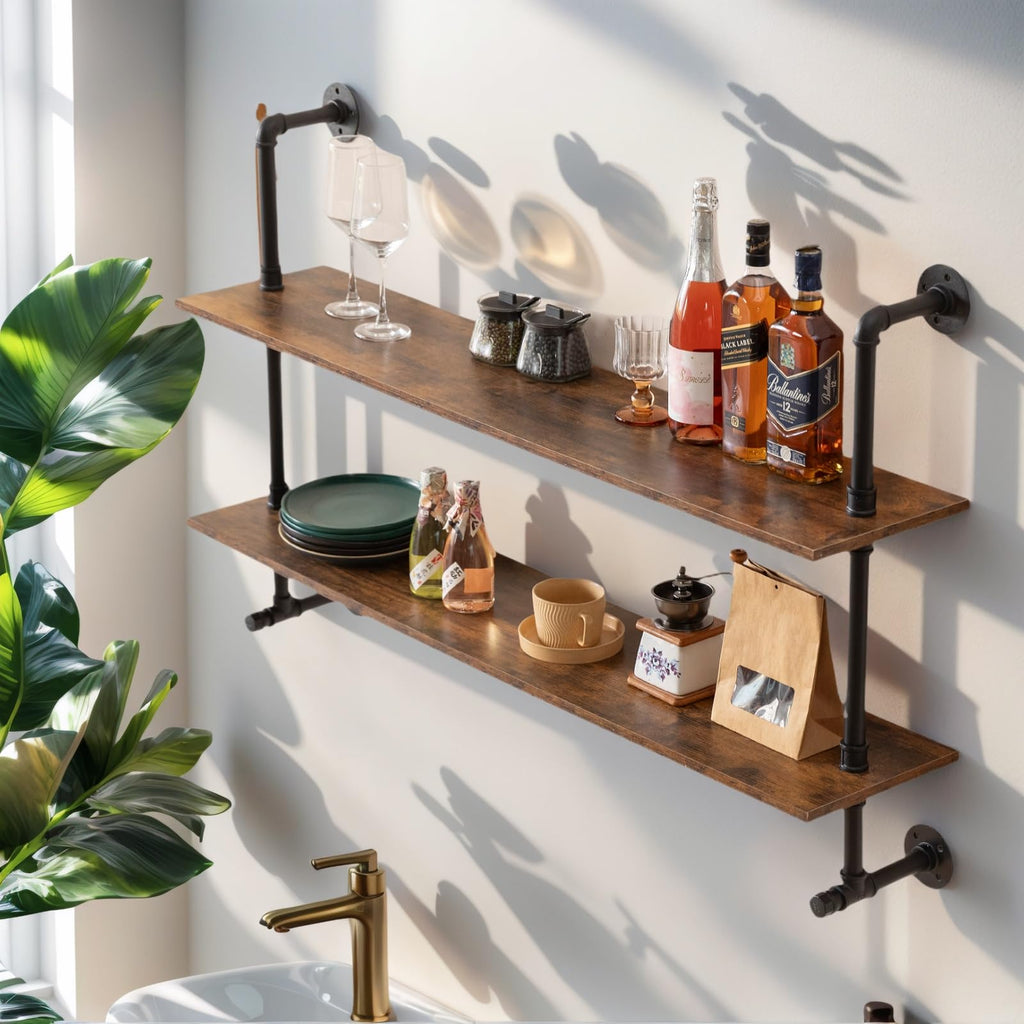 Industrial Pipe Shelving 48inch Wall Mounted, Rustic Floating Shelves with Wood Shelf, 2 Tier Farmhouse Bathroom