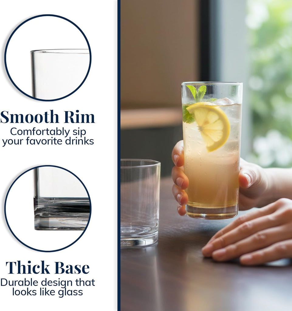 Classic Clear Plastic Reusable Drinking Glasses (Set of 8) 12oz Rocks & 16oz Water Cups | BPA-Free Tumblers, Made in