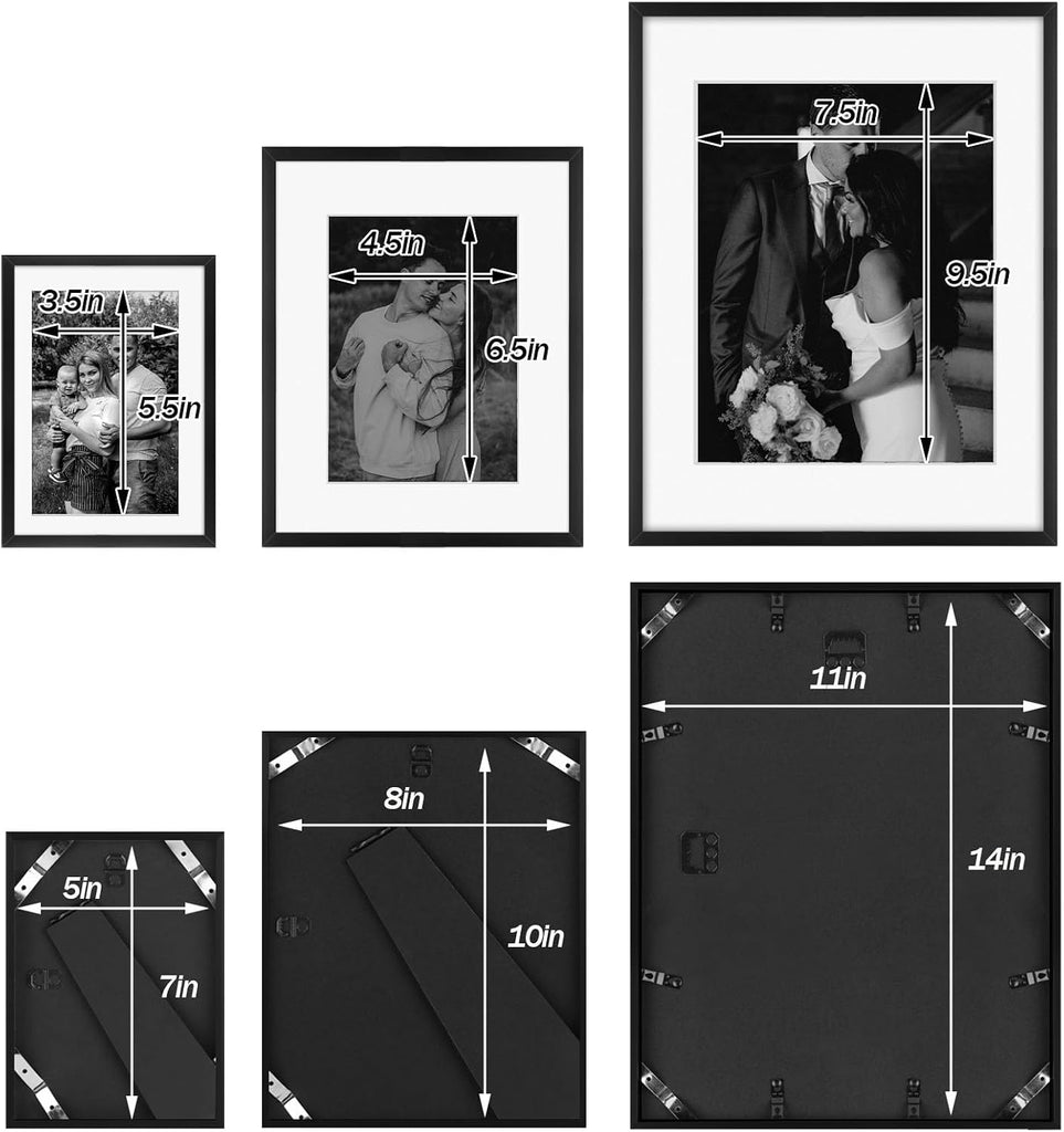 7 Pack Aluminum Picture Frame with Mat for Gallery Wall, Black | Set includes one 11x14, two 8x10, four 5x7 frames
