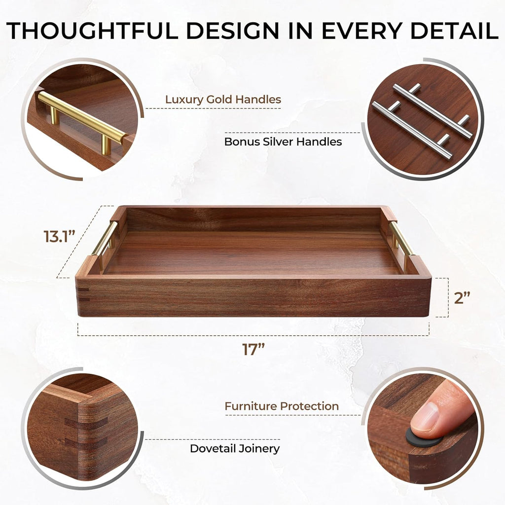 Acacia Wood Serving Tray with 2 Sets of Handles (Gold & Silver) - 17" Large Wooden Tray for Ottoman Coffee Table