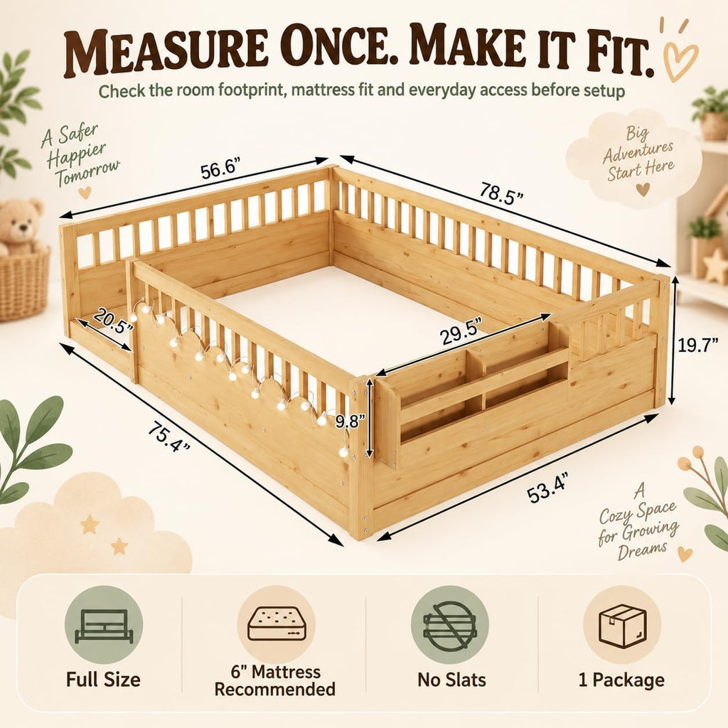 Montessori Floor Bed with High Rails, Floor Bed Frame for Kids, LED Lights & Storage Shelf, Safe & Wider