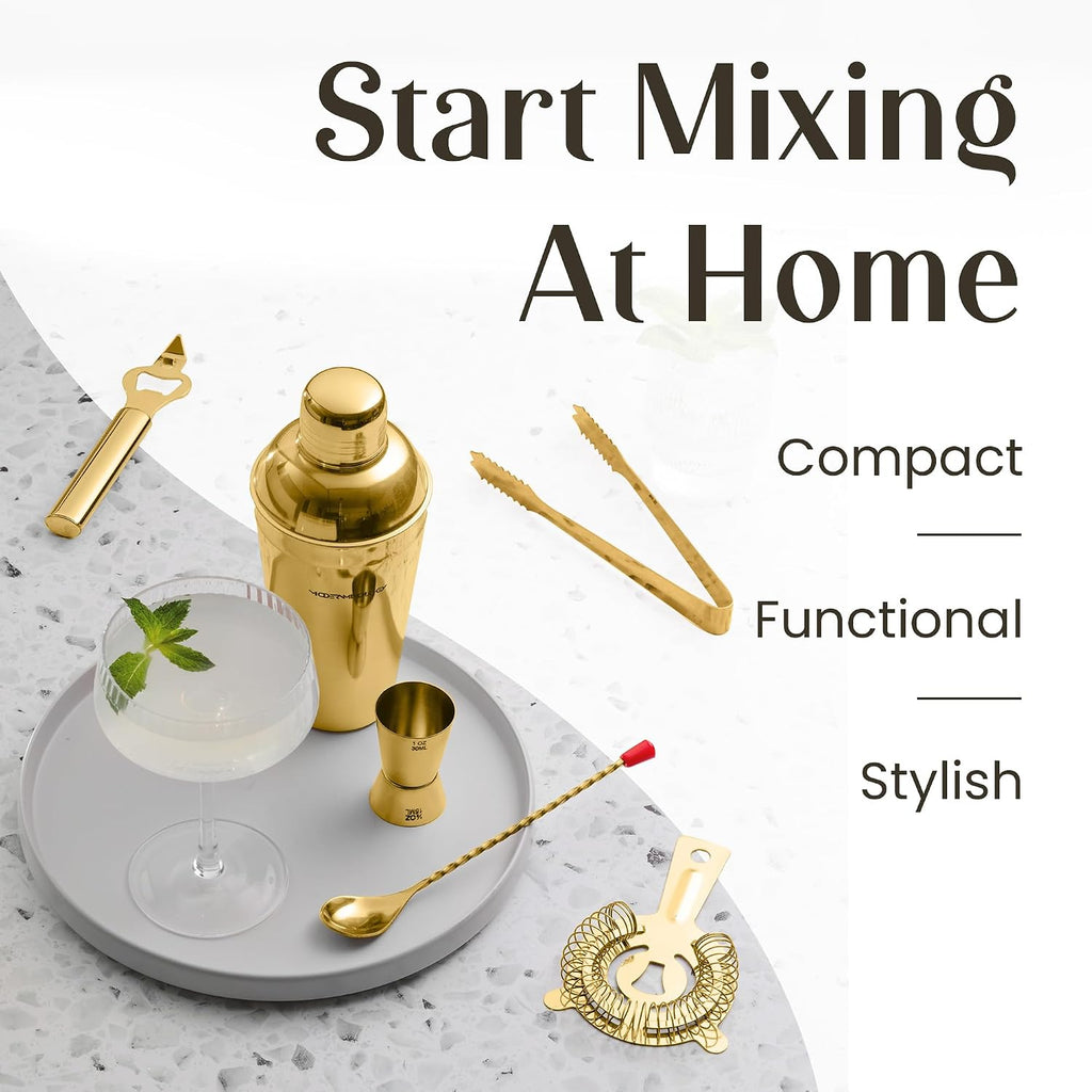 Cocktail Shaker Set - Bartender Kit with Pine Stand | Leak-Proof Design | Includes Martini Shaker, Jigger, Strainer - Set of 8